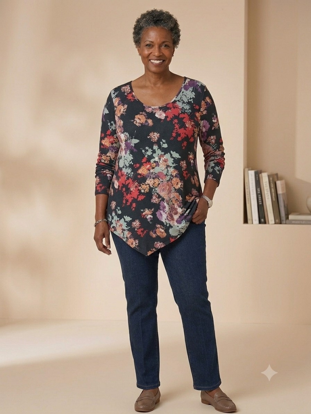 Floral Asymmetric Hem Scoop Neck Top - Black Multi.  WS 155